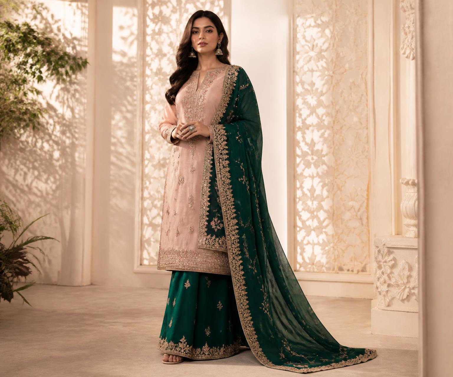 Emerald and blush occasion ensemble lookbook