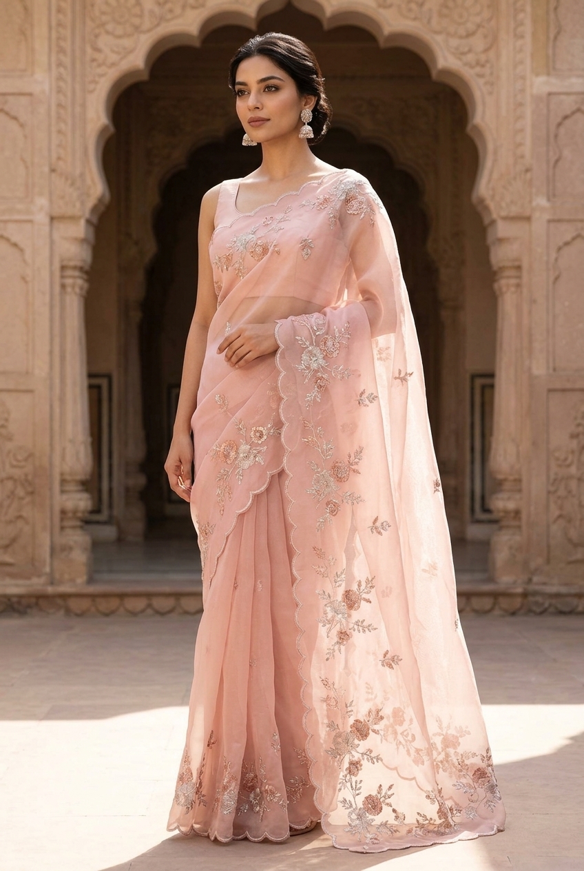 Blush organza embroidered saree lookbook
