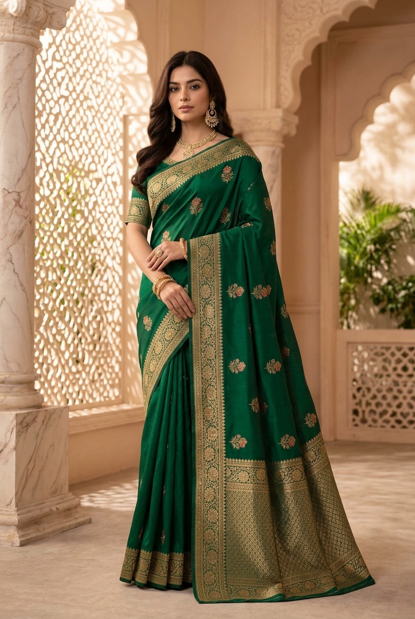 Emerald festive silk saree lookbook